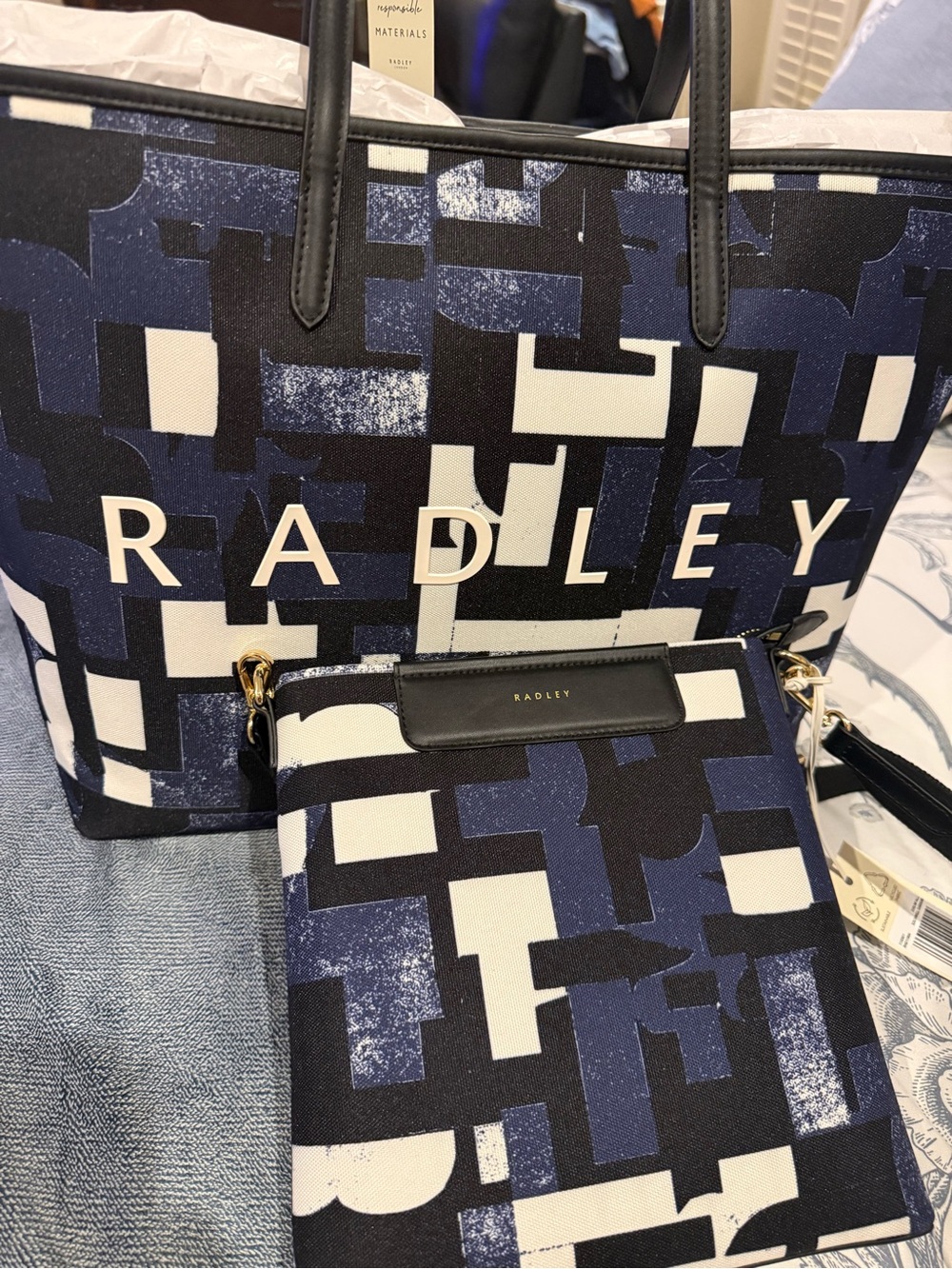 RADLEY LONDON Navy, White & Black Geometric Tote with Matching Pouch